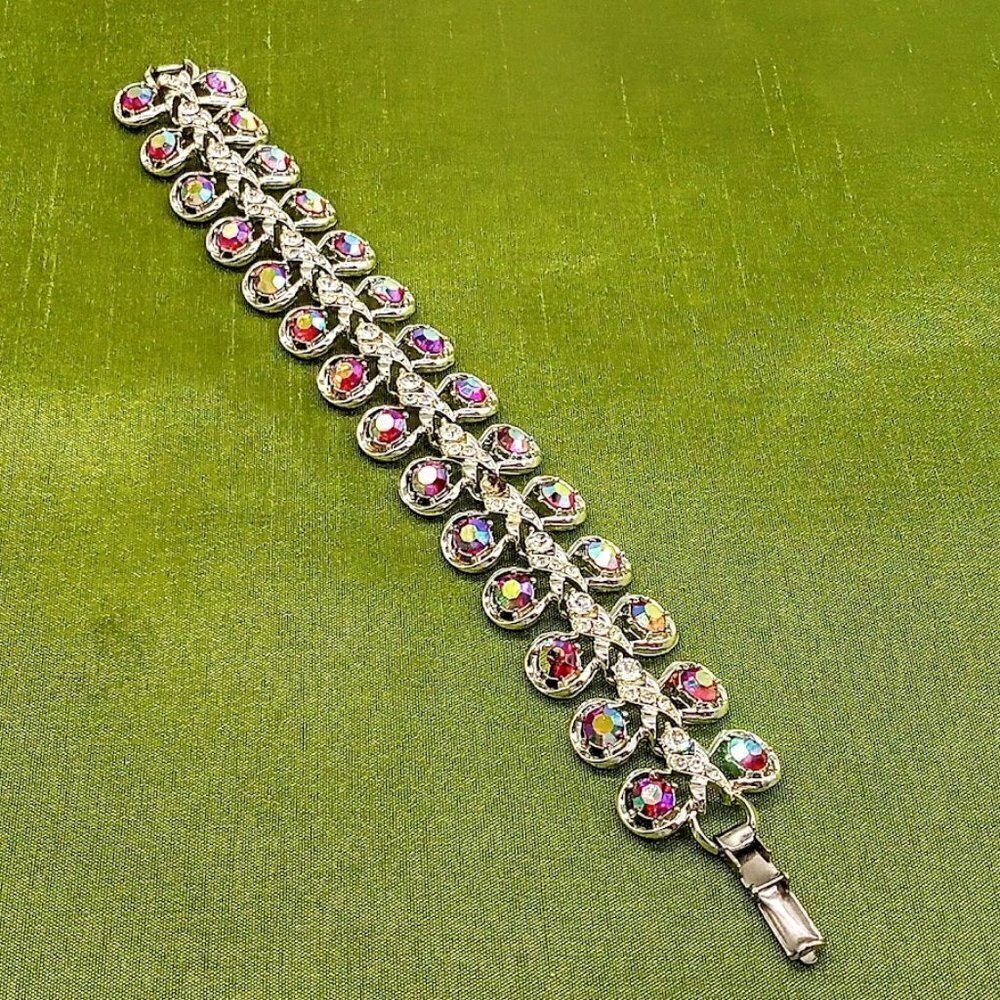 Aurora Borealis Rhinestone Link Silver Bracelet